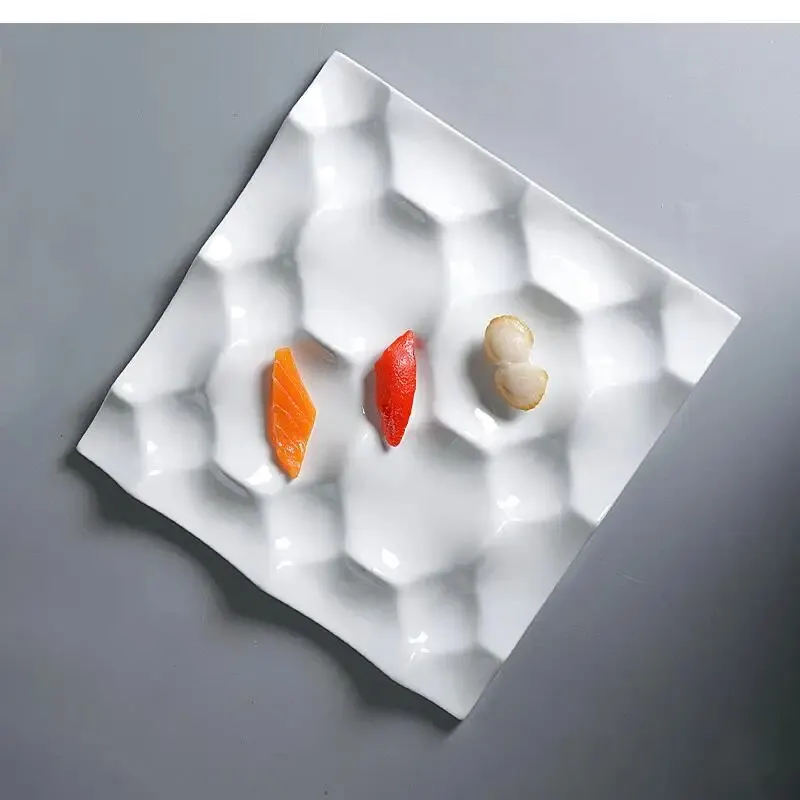 

Irregular Dinner Plate Multi-Grid Dim Sum White Square Ceramic Dessert Molecular Cooking Tableware