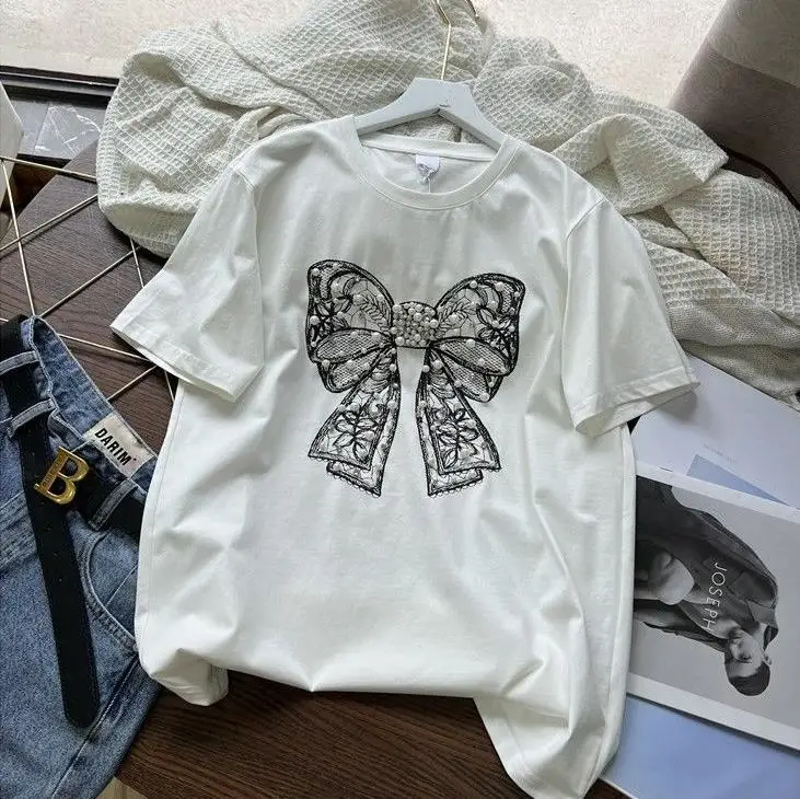 Beading Bow Floral T-Shirts with Studs, Short-Sleeved, Round Neck, Lovely Blouse, Chic Design, New Style, Summer, 2024