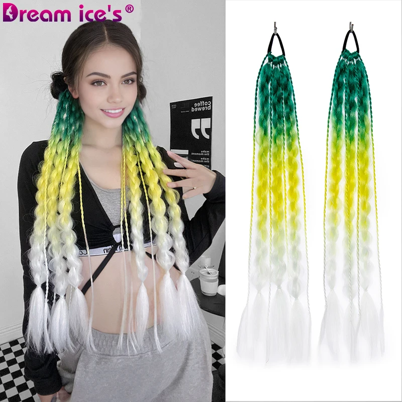 Long Rainbow Color Bubble Ponytail Extension Puff Ponytail Wrap Synthetic Braid Rubber Fake Hair Ponytail For Women Sweet Girls