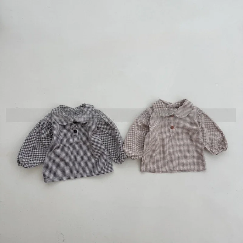 

Girls Spring Autumn Blouses 2025 New Korean Fashion Casual Daily Simple Peter Pan Collar Long Sleeve Plaid Shirt