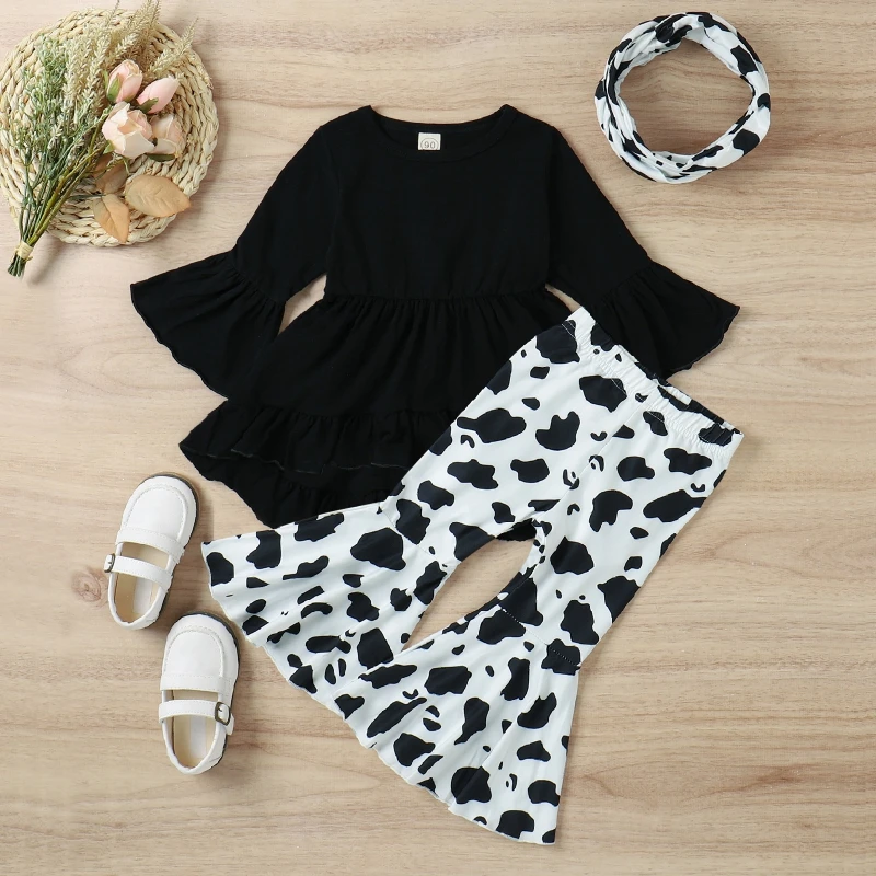 Cute Cartoon Cow Head Print Outfit for Toddler Girls Long Sleeve Top + Flare Pants + Headband Set 3 PCS 1-4 Years