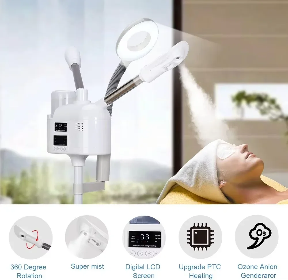 Ozone 3 in 1Facial Steamer Hot Cold Steam Vaporizer  Nano Ionic  Upgrade Humidifier With 8X LED Magnifying Lamp Beauty Salon Spa