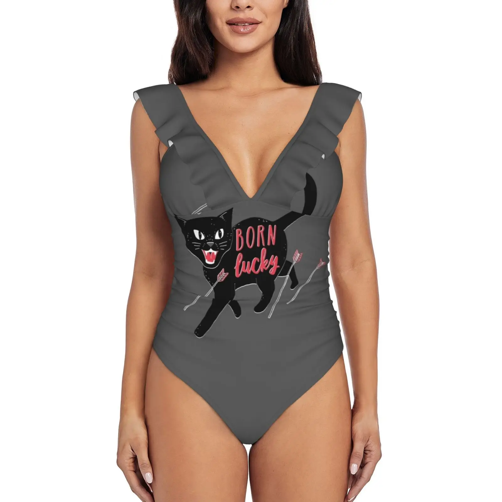 

Born Lucky Women Ruffle One Piece Swimsuit Sexy Bodysuit Monokini Swimwear Bathing Suit Cats Cat Black Cat Type Typography