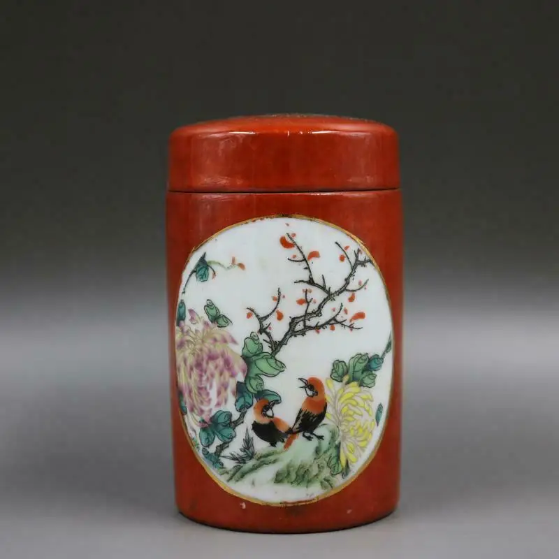 Chinese Red / Yellow / Green Famille Rose Porcelain Pot Flowers Birds Design Jar Tea Caddy 5.5