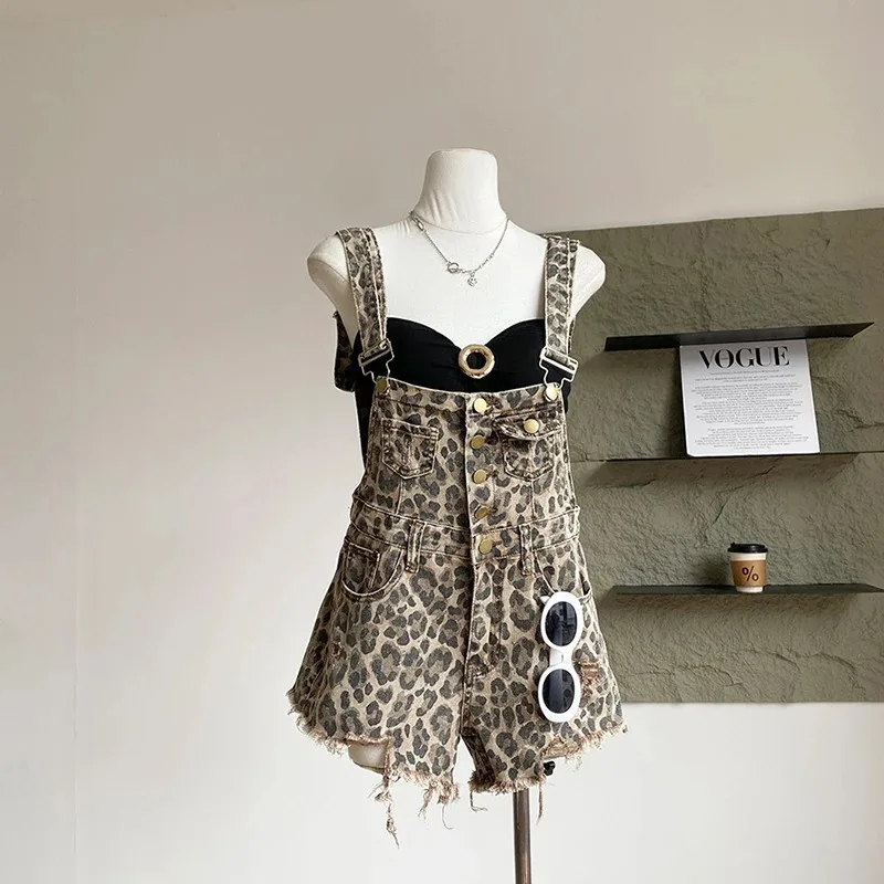 

American Vintage Leopard Print Denim One-Piece Shorts Women Summer Holes Raw Edge Straight Playsuits Spice Girl Rompers