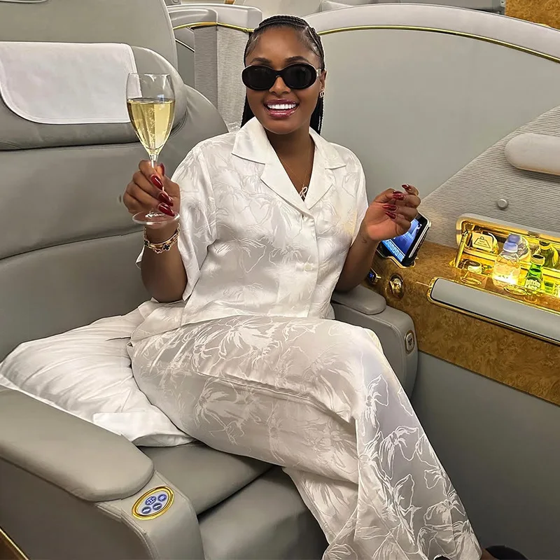 

New sweet and fresh printed suit collar short-sleeved high-waisted straight-leg pants two-piece stylish simple and versatile tem