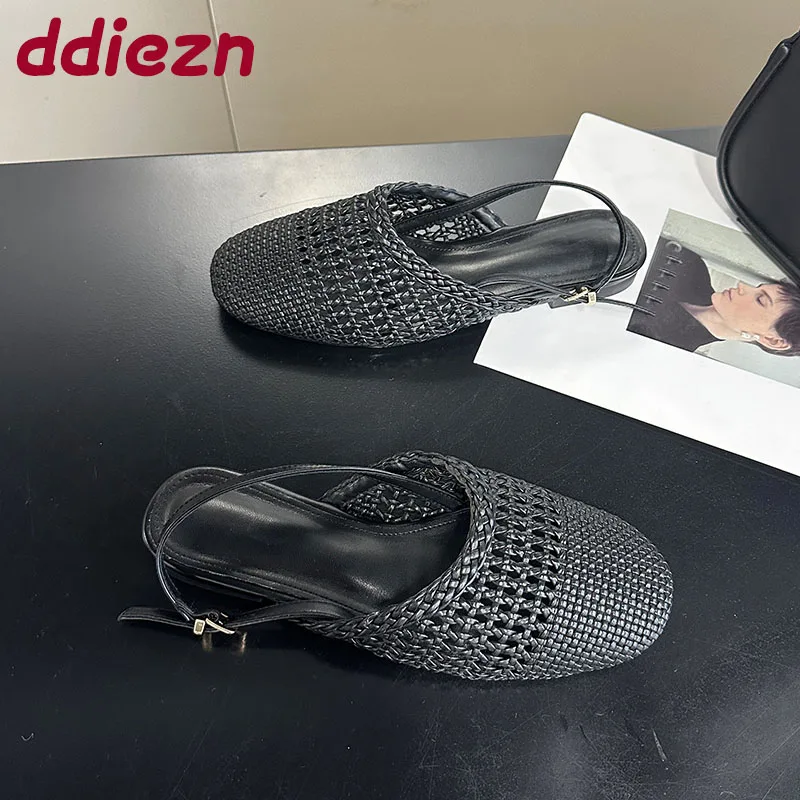

Female Shallow Fashion Round Toe Ladies Flats Sandals Shoes Slingback Weave Footwear Flats Sandals Shoes For Women Big Size 43