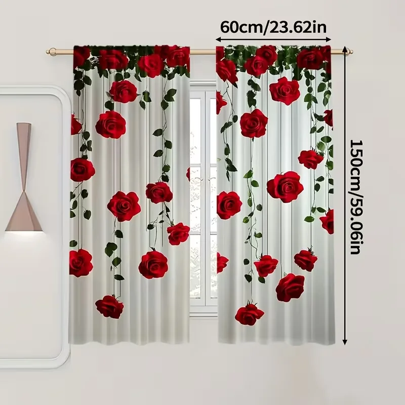 2PC Red Rose Vine Hanging Sheer Curtains - Romantic Floral Drape Print Window Drapes for Bedroom Living Room Decor