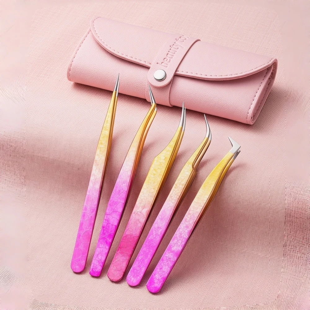 3/5Pcs/Set Precision Eyelash Tweezers Set, Professional Stainless Steel Eyelash Applicator and Removal Tool, Titanium-Coated Tips with Storage Box, Beauty Accessories, Suitable for DIY Salon Makeup Enhancement and Lengthening, Women's Gift