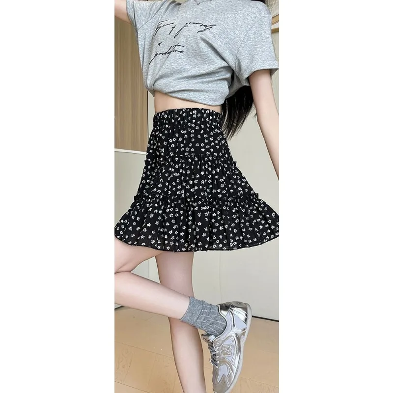 Black Floral Print Mini Skirt Women's High Waist Slimming A-Line Tiered Cake Midi Skirt Korean Style Semi Skirt New Arrival