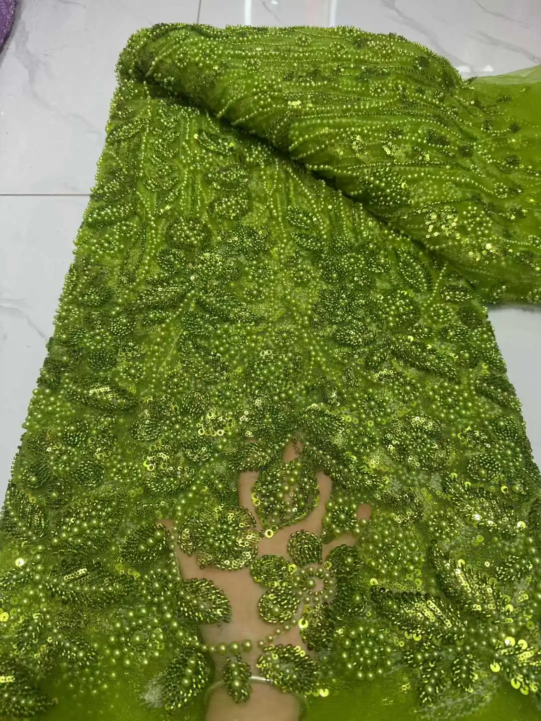 Luxury African Sequins Lace Fabric High Quality Lace Groom Embroidery Beaded French Nigerian Fabric for Women Party Dress AH1523