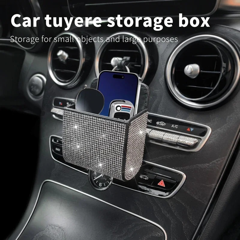 Car Mobile Phone Holder Rhinestones Pouch Organizer Hanging Storage Bag Bling Diamond Crystal Auto Outlet Air Vent Trash Box