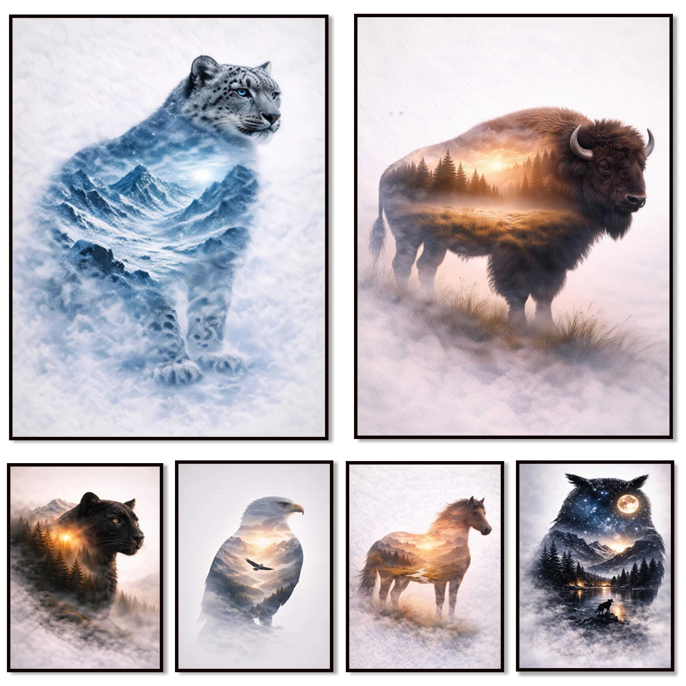 Pósters de águilas, bisones, leopardo de las nieves y caballos salvajes — Arte de doble exposición de animales del bosque: Pósters decorativos de naturaleza y vida silvestre