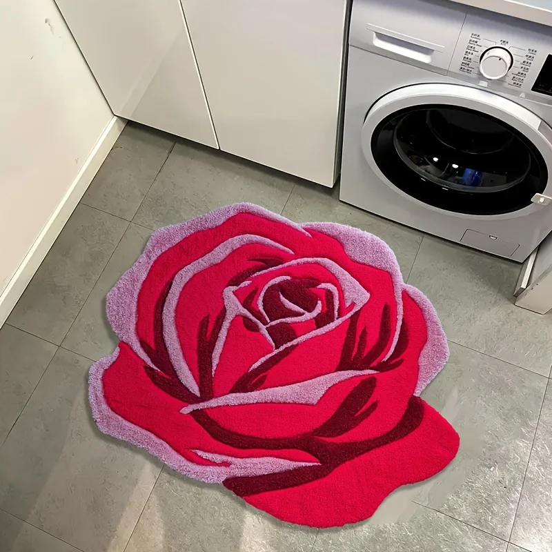VIKAMA Red Rose Pattern Carpet Irregular Shaped HD Print Double Stitched Non Slip Bathroom Game Room Home Decor Trendy