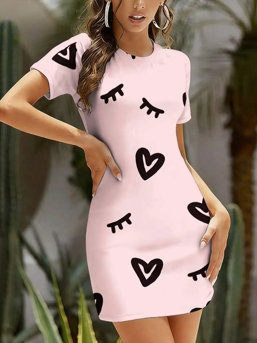

Womens Short Sleeve Bodycon Dress With Heart And Eyelash Print Summer Leisure Dress