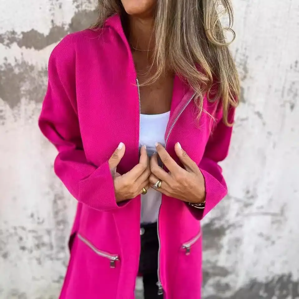 2024 الخريف الشتاء اللون عادية سستة مقنعين Jaet المرأة طويلة Sve طويلة طول بولي معطف معطف جلد تخفيف Sle #5