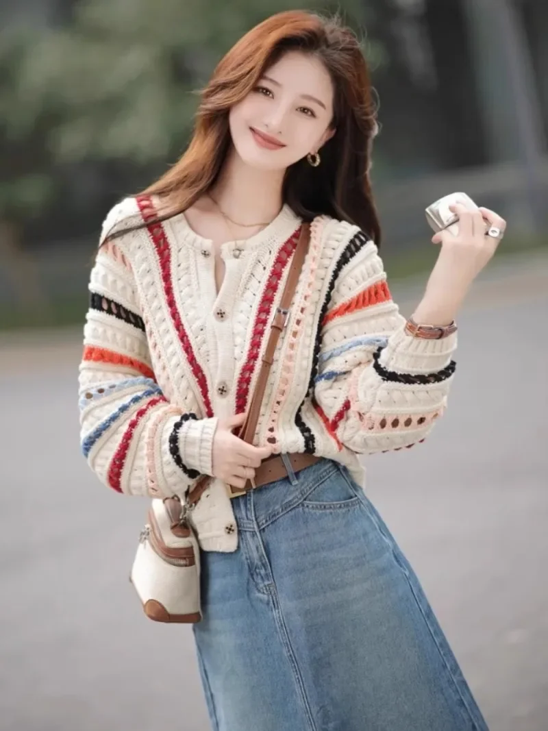 

MiiiiX Casual Style Colorful Striped Knitted Sweater Women's 2024 Autumn Loose Design Crochet Hollow Cardigan Female Clothes