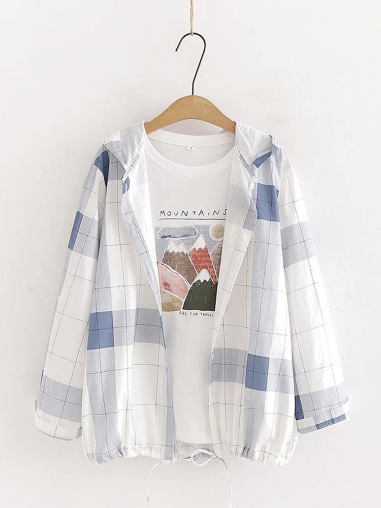 Jmprs Japan Preppy Style Women Shirts Fashion Bow Lace Up Student Hooded Top Plaid Blue White Female Elegant blouse