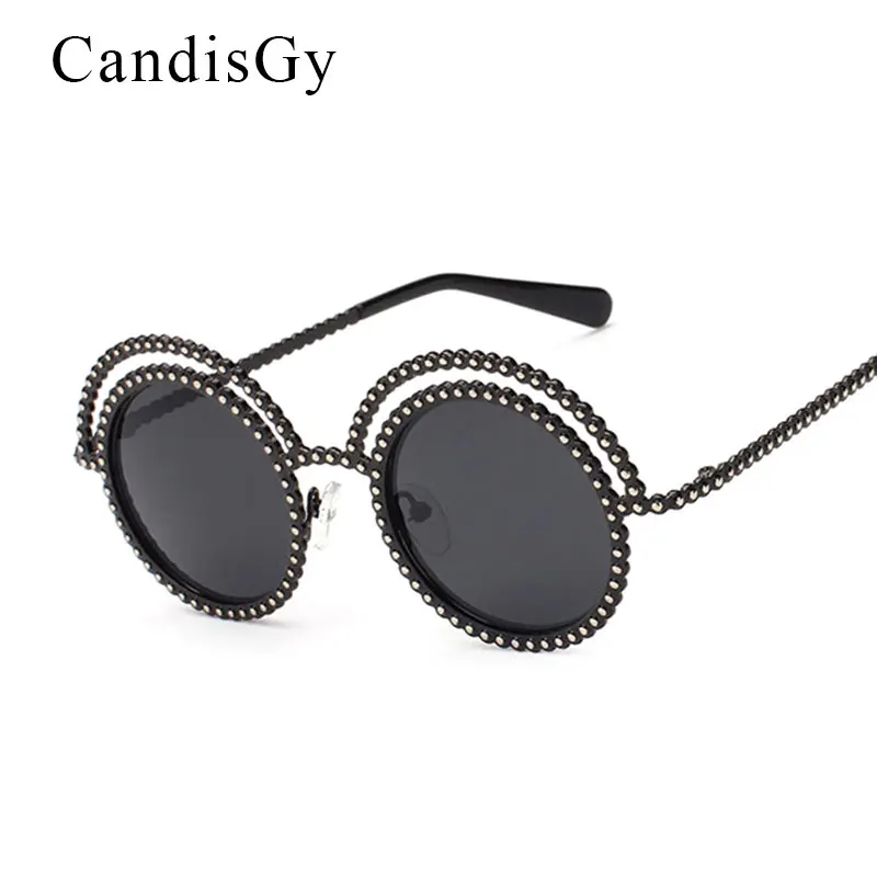 CandisGy Vintage Lace Round Brand designer  Sunglasses Rhinestone Women Hipster Mirror lady UV400 Retro sun glasses Circle Frame