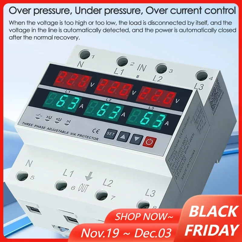 

63A/100A 3 Phase 4 Wire Din Rail Over Under Voltage Protector Current Protection Digital Voltmeter Ammeter Power Erengy Meter