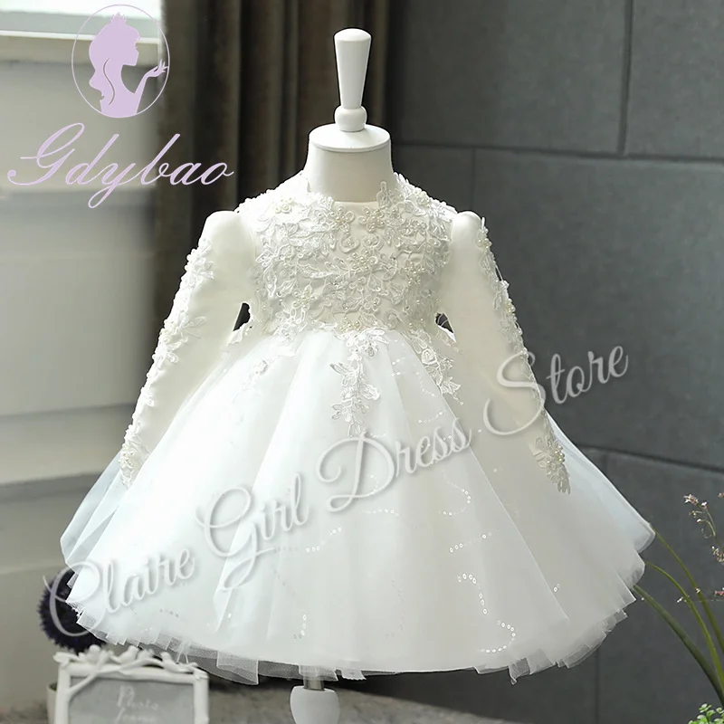 Customized Elegant Flower Girl Dress For Wedding Full Sleeves Sequins Appliques Kids Birthday Party First Communion Pageant Gown