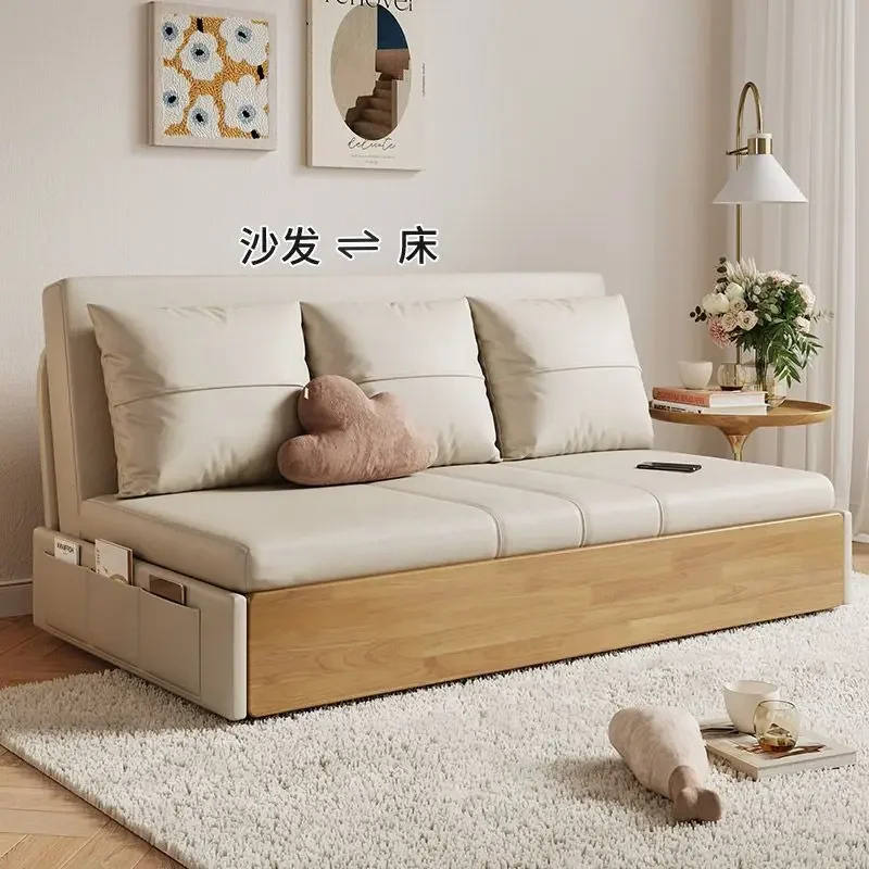 Solid wood without armrests Storage foldable sofa bed can be retractable push-pull bed Bedroom Living room dual-purpose simple