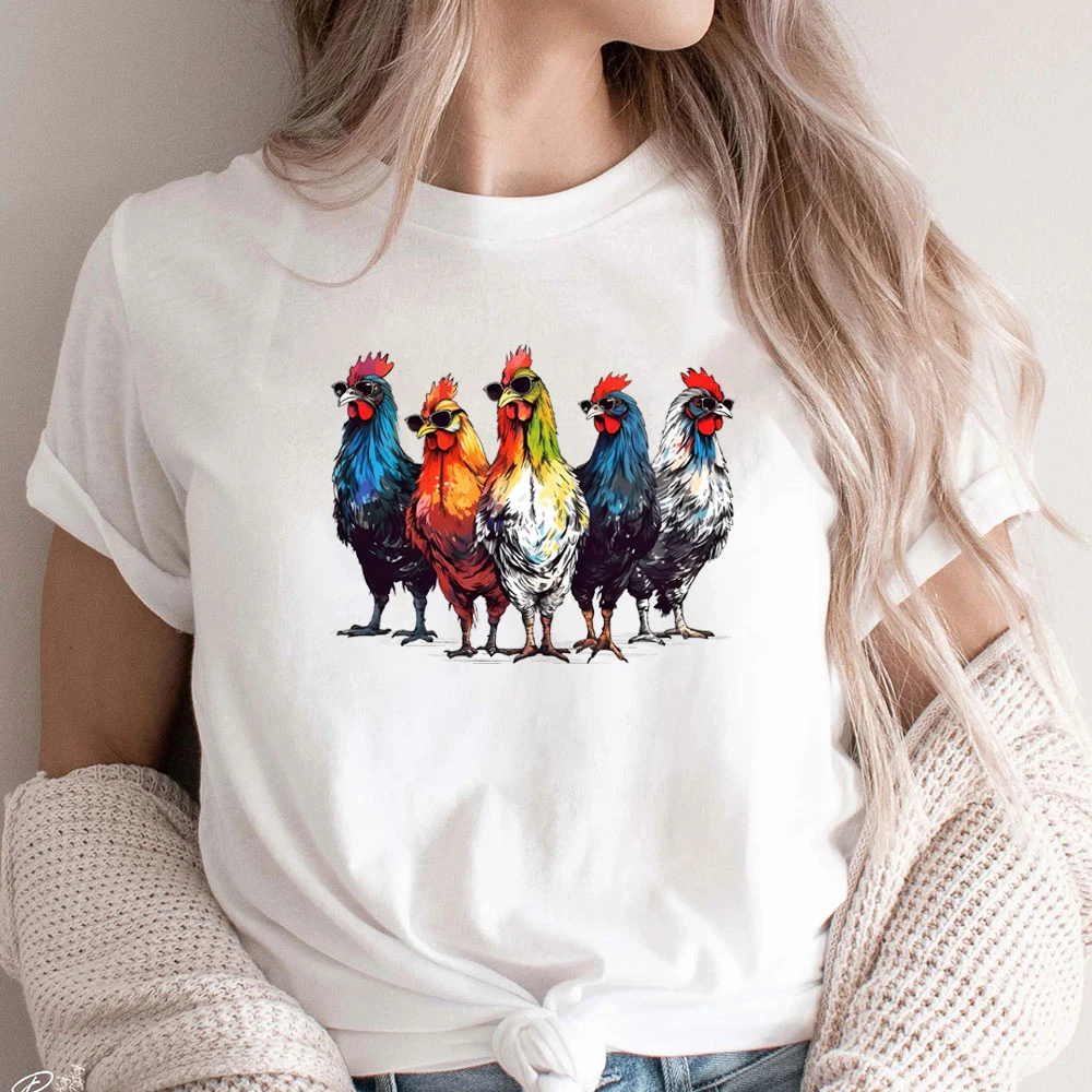 Women's T-Shirt Group of Chickens Wearing Sunglasses Tee Shirt Super Cute Chicken Short Sleeve Gift for Friends Chicken Mom Tops