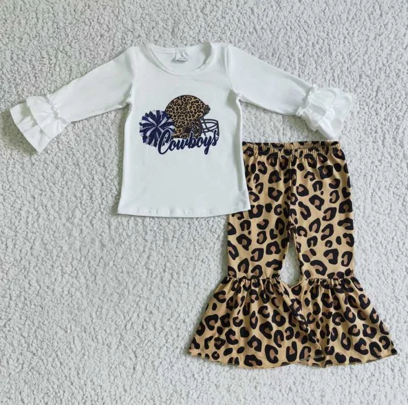 

New wholesale infant girls cowboys white long sleeve leopard print trouser set