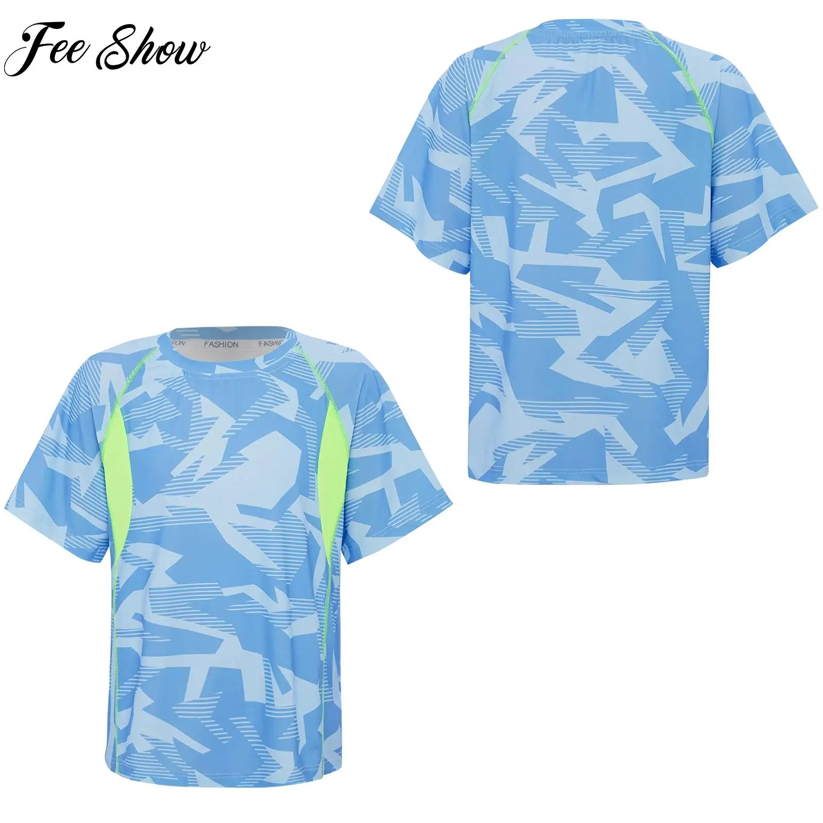 

New Boys Contrast Color Geometric Printed T-shirt Kids Short Sleeve Quick-Drying Breathable Mesh Sports Top for Cycling Workout