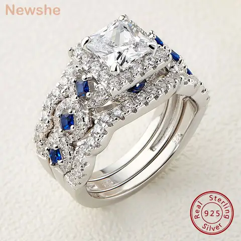 3-Piece Silver Wedding Ring Set 2.6Ct Princess Cut White Blue CZ Luxury Jewelry Newshe
