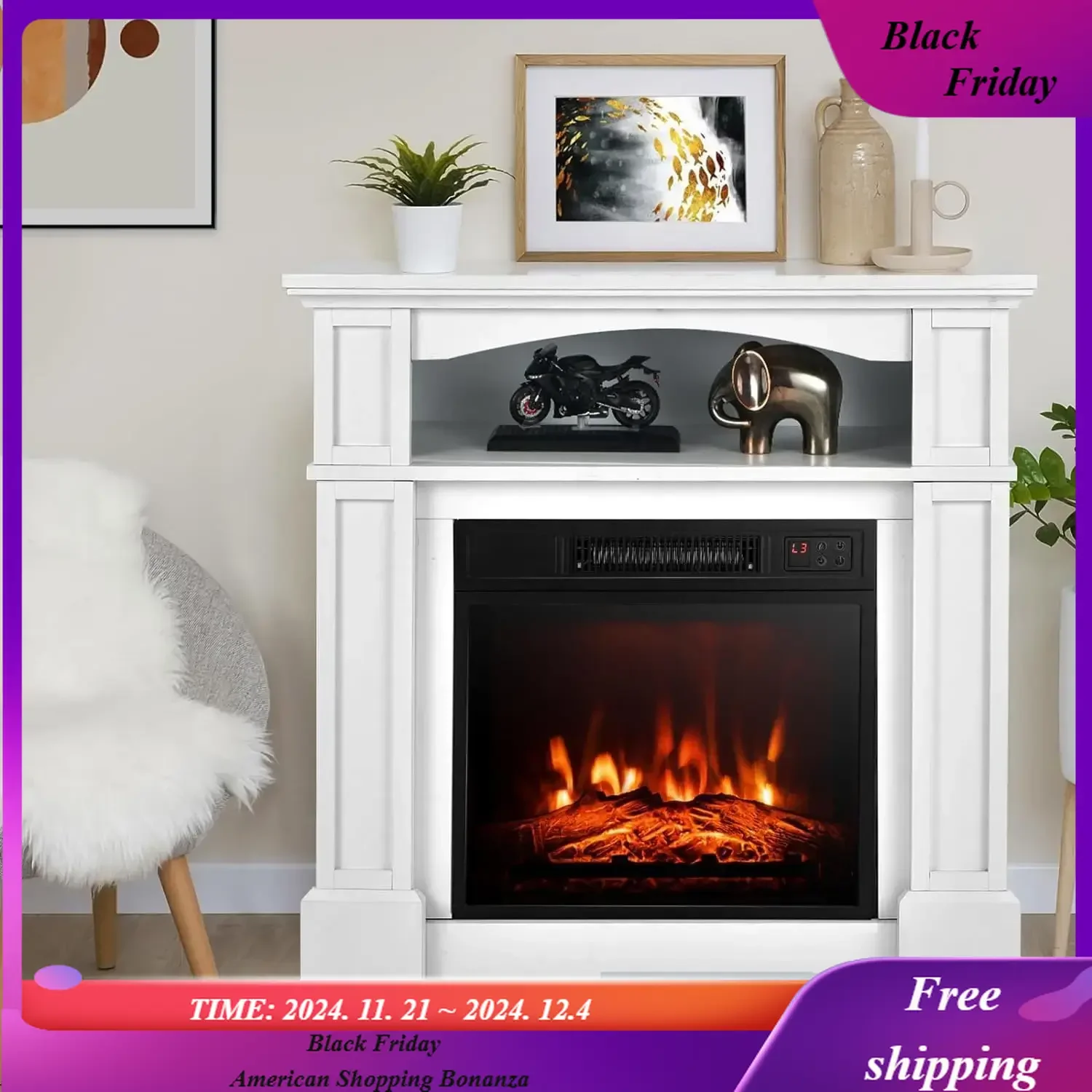 Electric Fireplace with Mantel, 32’’ Freestanding Fireplace Realistic Flame with Thermostat, 3 Brightness & Remote Control,