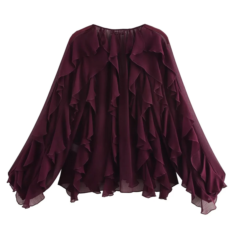 Womens Thin Blouses 2025 Spring Women's Fashion Flowy Layered Decorated V-Neck Long Sleeve Shirt Trendy Chic Casual Formal Wear