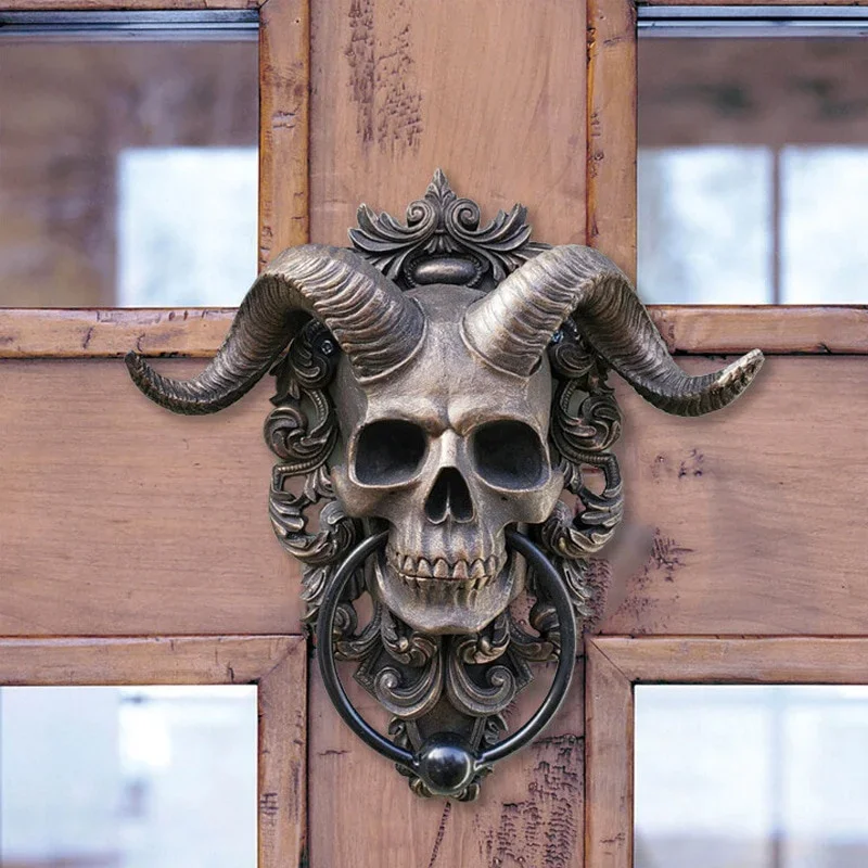 BUF Goat Skull Door Hanging Decoration Pendant Door Knocker Resin Punk Demon Satan Skull Sheep Head Doorbell Wall Hangings