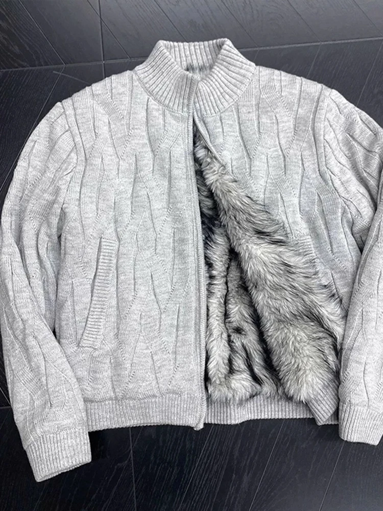 Sweter męski Cleanfit z dzianiny, ocieplany polarem, rozpinany, na jesień i zimę, w stylu lazy, amerykański styl, z motywem orła górskiego J...