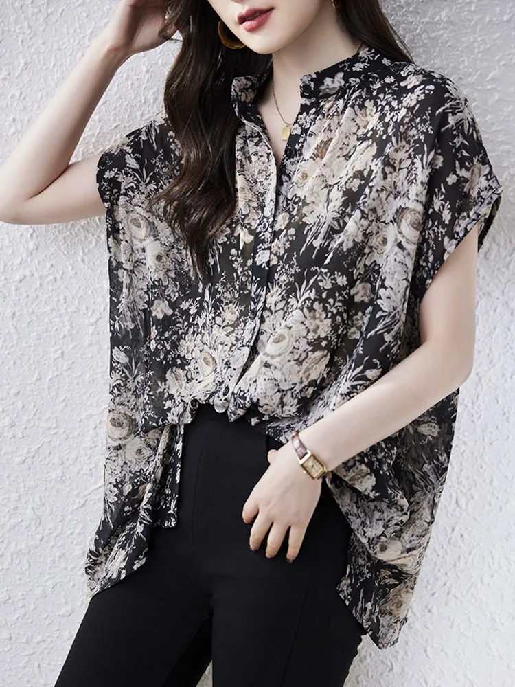 Women Summer Chiffon Blouses Shirts New Arrival 2024 Vintage Style Stand Collar Floral Print Loose Female Casual Tops B3308