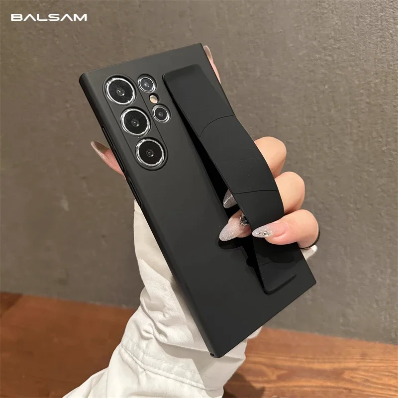 

Luxury Ultra-Thin Matte Elastic Silicone Wrist Strap Shockproof Case For Samsung S25 Edge S24 S23 Ultra Plus PC Hard Clear Cover