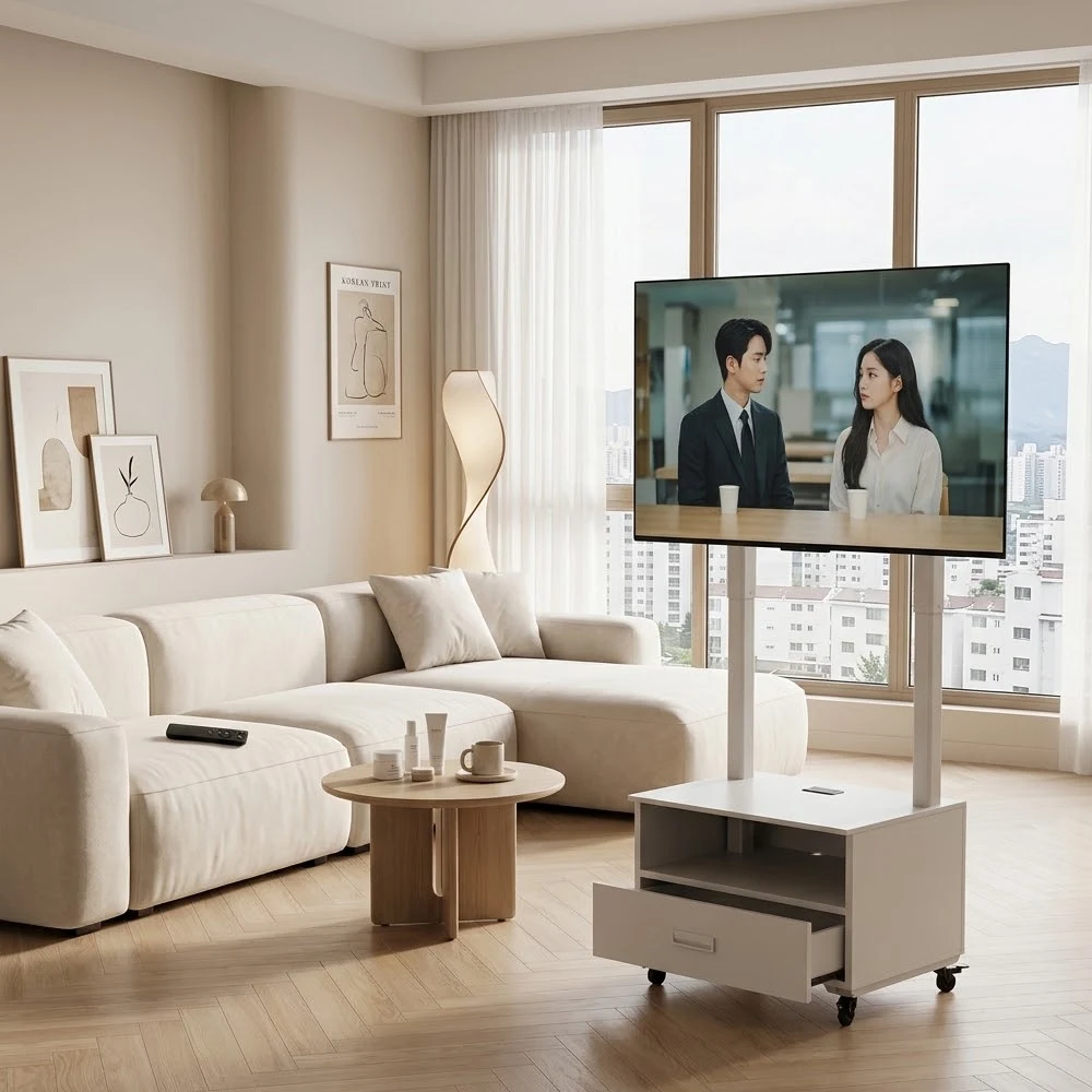 Motorized Mobile TV Stand with Cabinet Dual Column Touch Panel and Remote Control Electric TV Cart for 65-100 Inch Smart TV