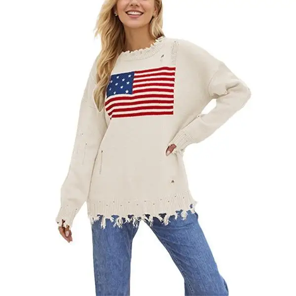 Faionable Round Ne Sweater Damen Thiened Long Sve Strickoberteil Independence Day Festival Sle Herbst Winter Neu Ar...