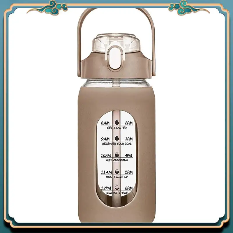 Latest 64Oz Glass Water Bottles With Straw, Glass Bottle With Silicone Sleeve And Time Marker, For Gym Home Office