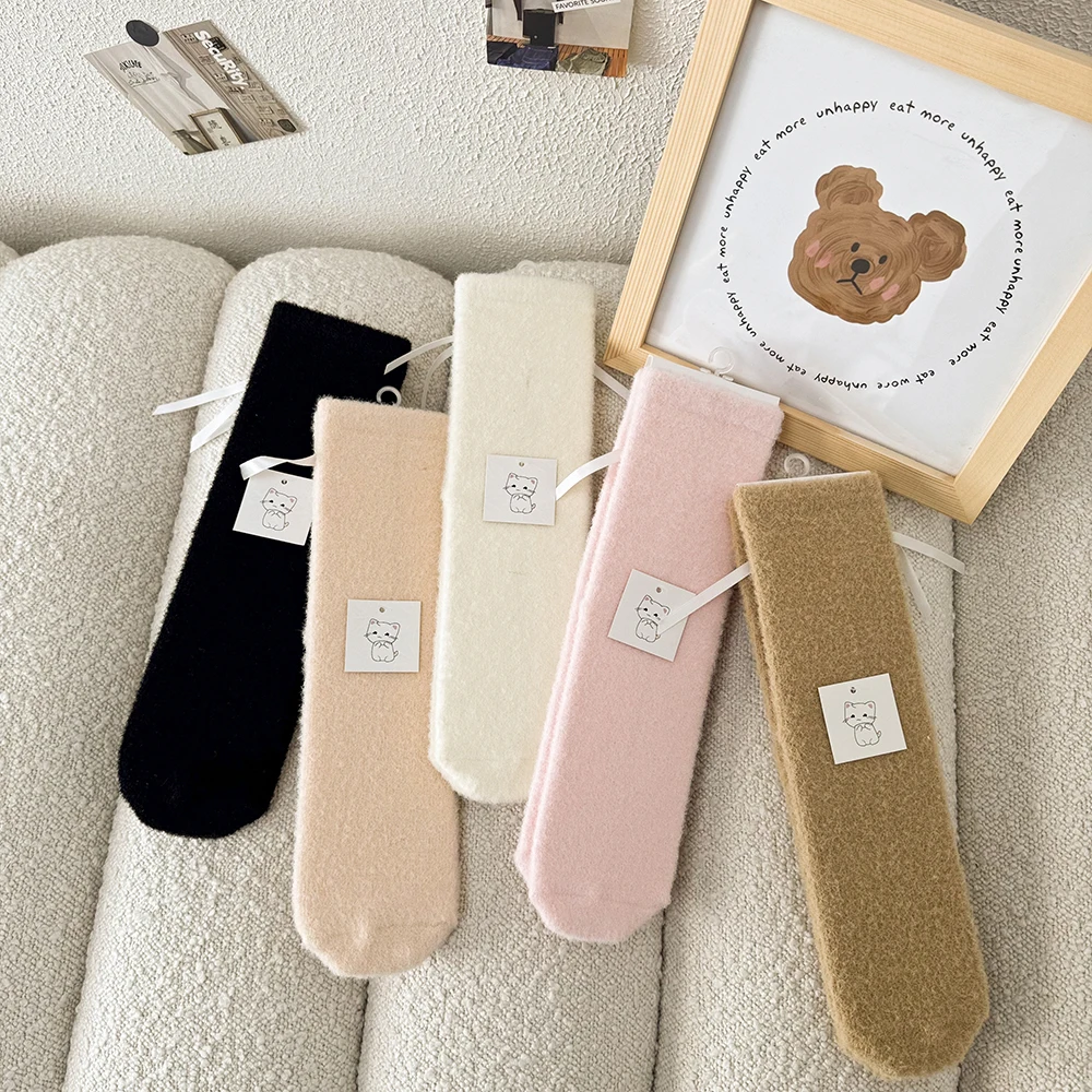 

5/10 Pairs Woman Plush Socks Bowknot Mid-calf Sock Solid Color Casual Floor Socks Warm Winter Homewear