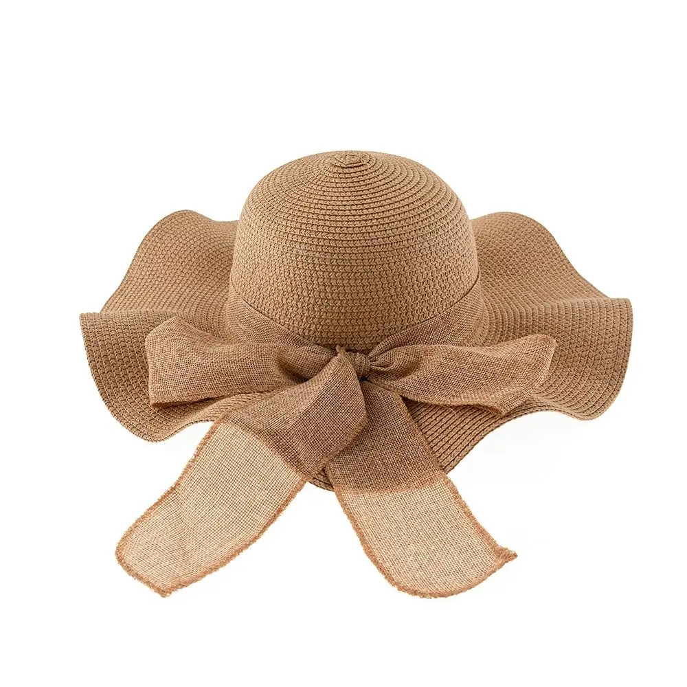 Foldable Beach Hat Fashion Wide Brim Bow Ribbons Travel Straw Hat Portable UV Protection Sun Visor Cap