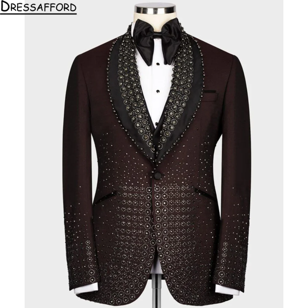 2026 Elegant Beads Men Suits Slim Fit Lapel Customized Groom Party Tuxedos 2 Pieces Sets Male Blazers Fashion Costumes Homme