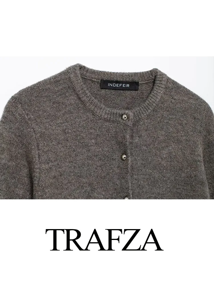 TRAFZA Autumn Woman Casual Single Breasted Decorate Grey Sweater Top Fashion Women O-Neck Long Sleeve Knitted Cardigan Mujer