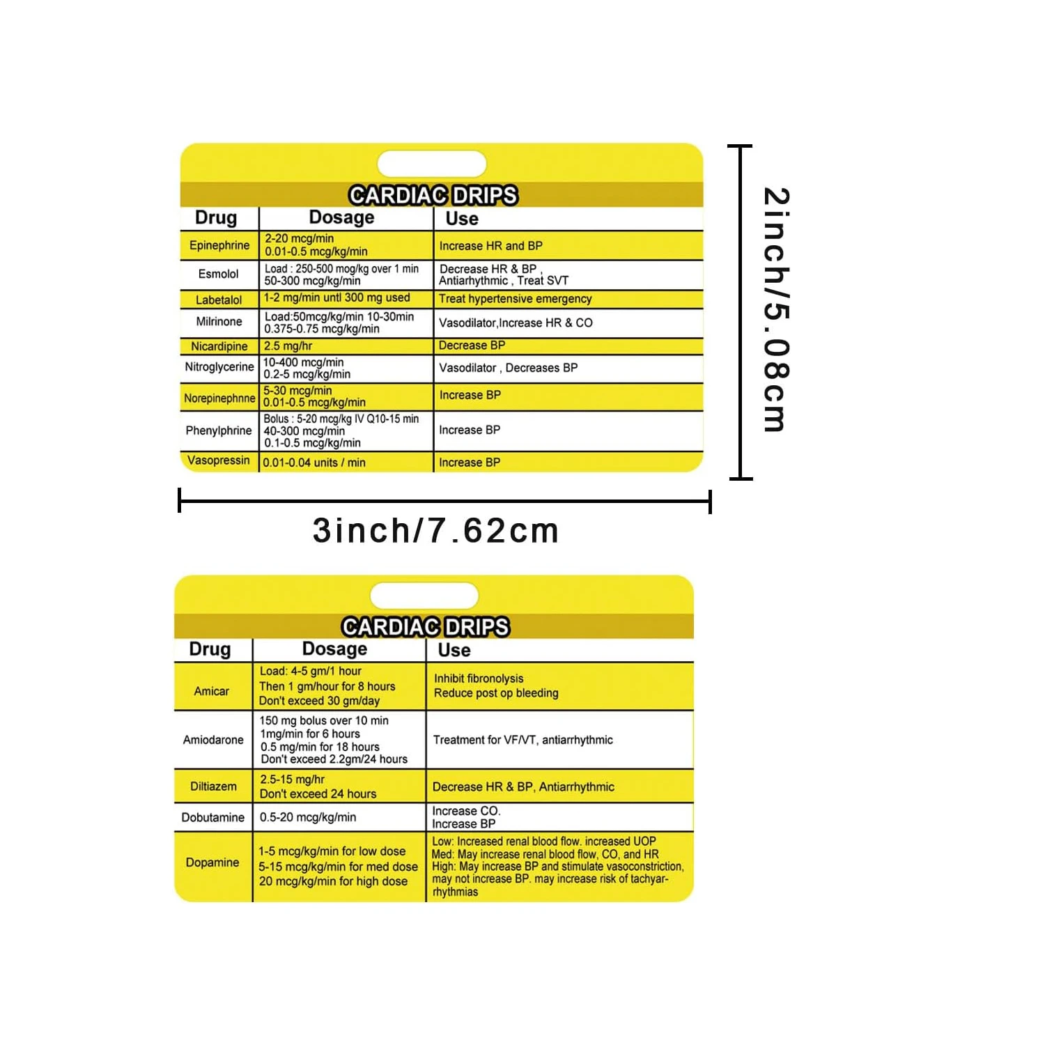 Cardiac Drips Reference Horizontal Badge Card 2x3 Inch Cardiac Badge Card Emergency Nurse Badge Reference Card