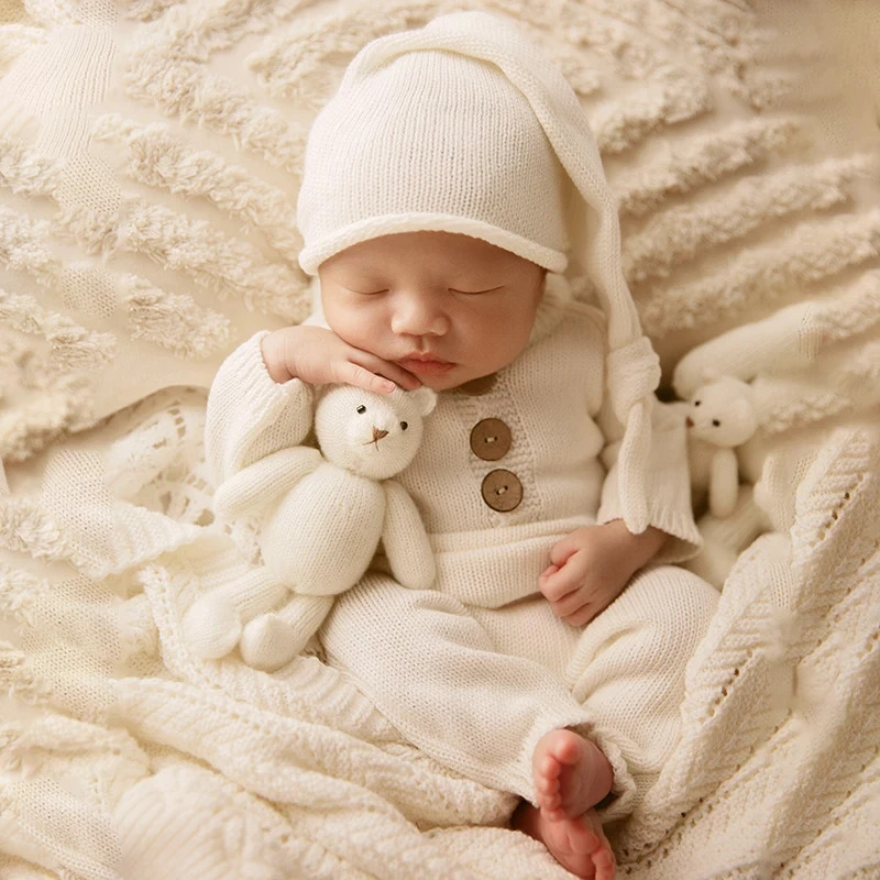 Pakaian fotografi bayi, Jumpsuit + topi gaya sederhana 2 buah/set boneka beruang rajut aksesoris foto baru lahir