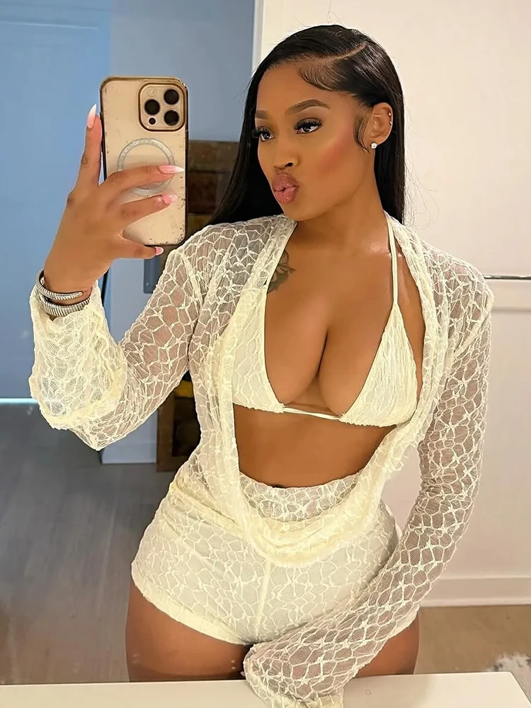 Weird Puss Sexy See Through 3 Piece Set Women Halter Bra+Swing Collar Flared Sleeve T-Shirts+Skinny Shorts Fashion Elegant Set