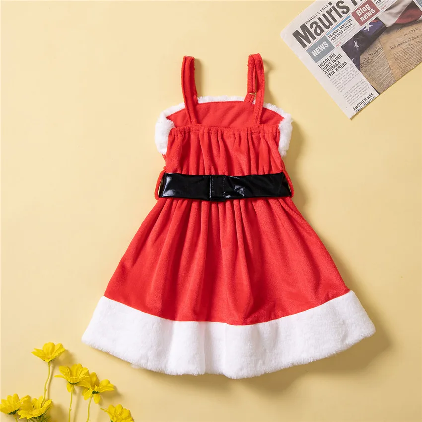 Christmas Dress Autumn Winter Red Velvet Sleeveless Fur Hanging Neck With Belt Dress For Middle Small Children Santa Claus Dress