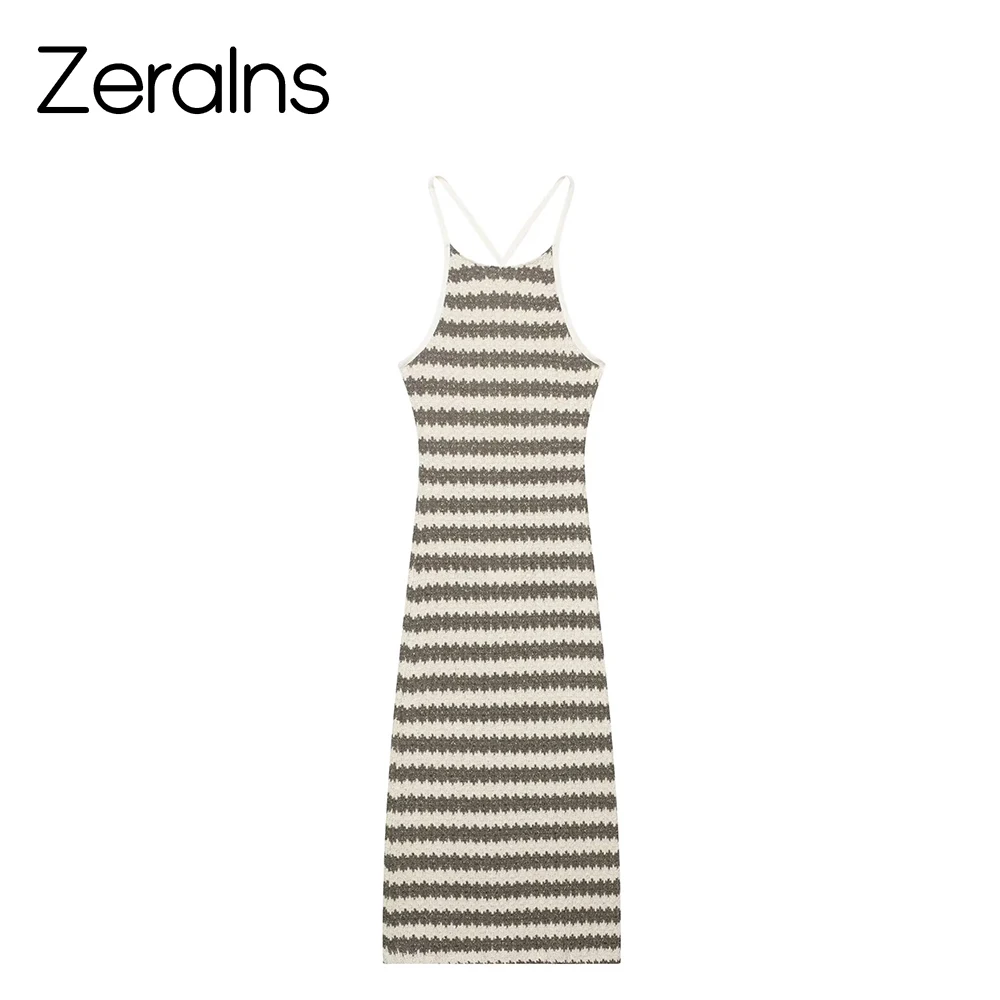 ZERAINS otoño nueva ropa de mujer estilo europeo y americano ajustado tirantes vestido largo liso a rayas
