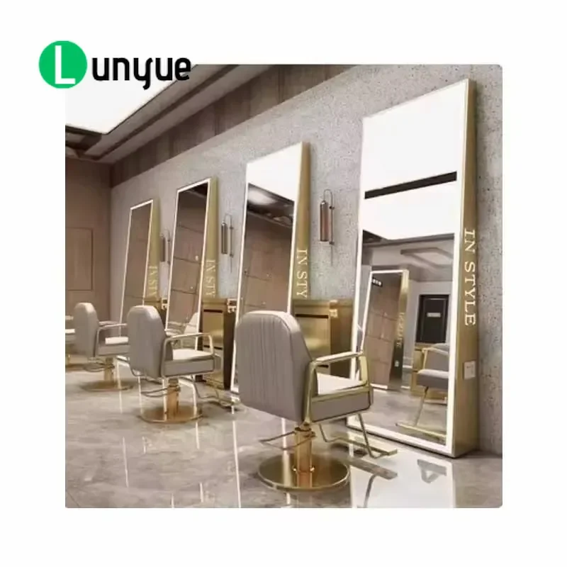 Double Sided Barber Shop Mirror with Lamp Floor Standing Hair Cutting Station for Mall Heat Resistant Glass Platform