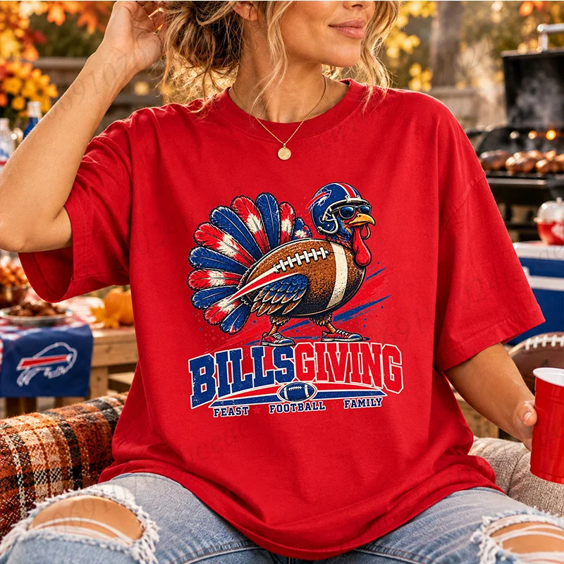 Women Billsgiving Turkey T-shirt Football Thanksgiving Graphic Tee Shirt Feast Football Family Casual O-neck Short Sleeve Tops